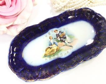 Vintage Dresden Pin Dish, Victorian Couple Love Story Cobalt Blue & Gold Ornate Tray #A968