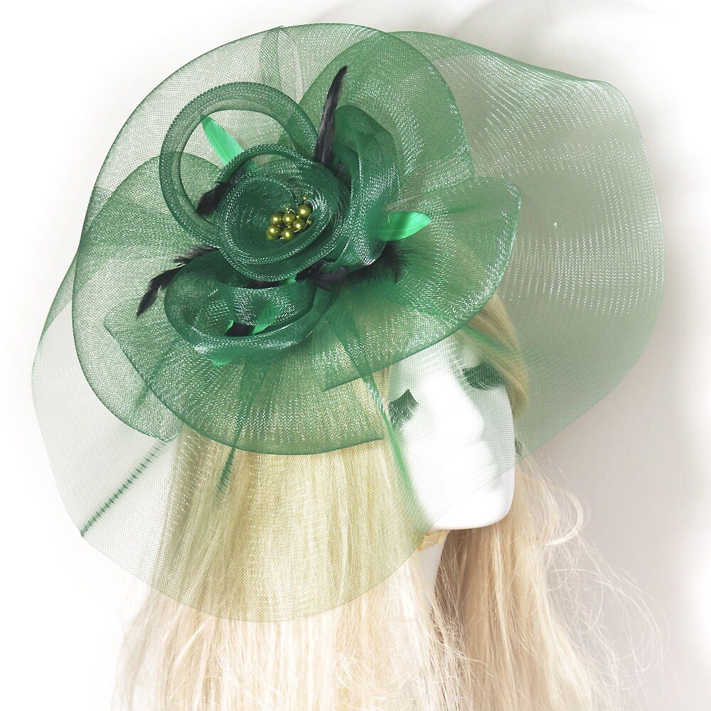 Large Elegant Ladies Feather Green & Black Fascinator Hair Clip Hat