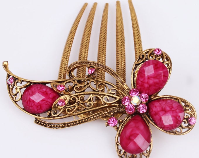Pink & Gold Colored Antique Austrian Crystal Hair Comb Pin Christmas, Bridesmaid Gift #813
