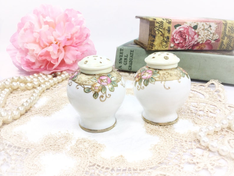 Romantic Setting #B386 Antique Japan Nippon Moriage Salt Pepper Shakers Gold Gilt Formal Silver Salt and Pepper Shaker Formal Dinner