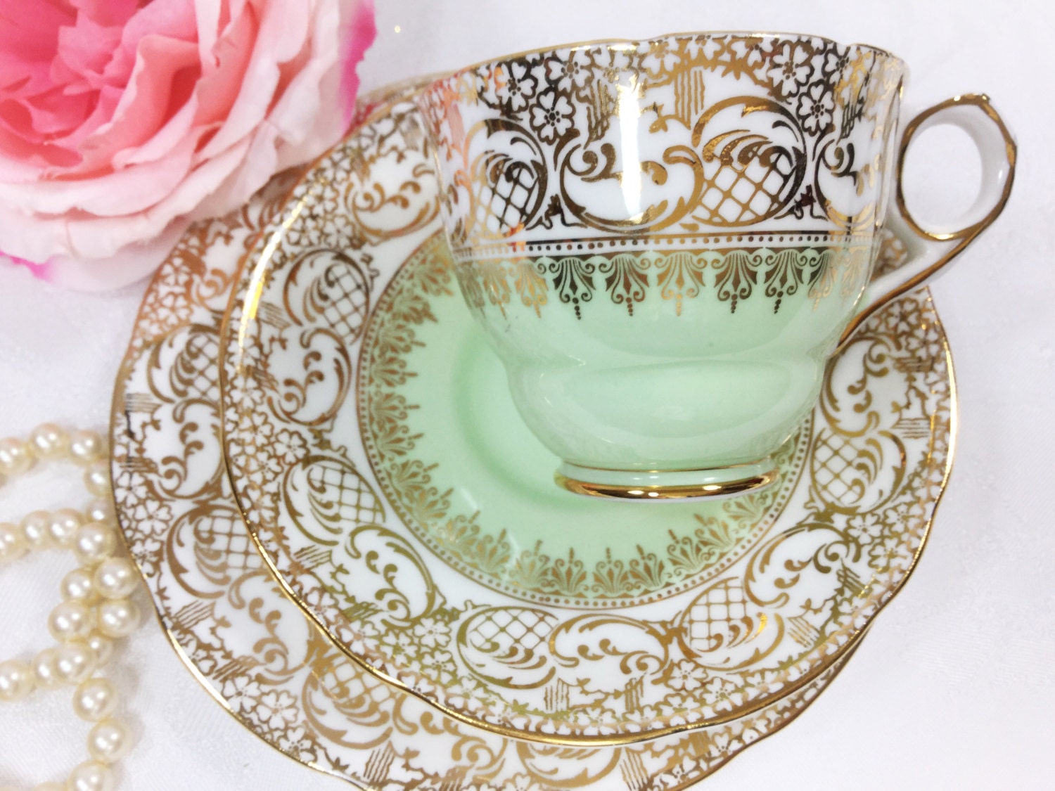 Mint Green Royal Stafford English Tea Trio, Gold Lace Bone China