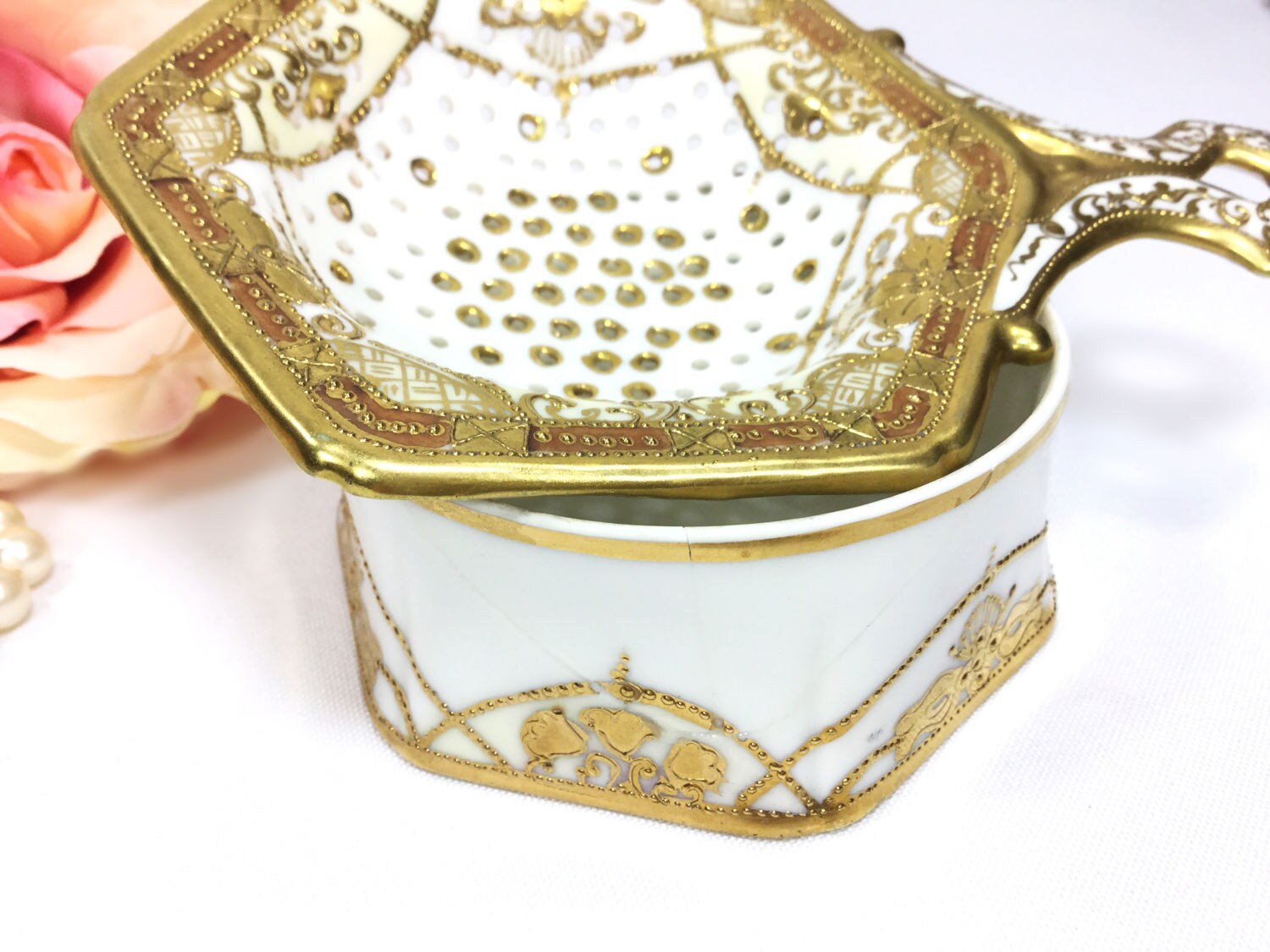 Lavish Handpainted Gold Nippon Tea Strainer, Noritake Japan for Tea Time, Gold Nippon Strainer