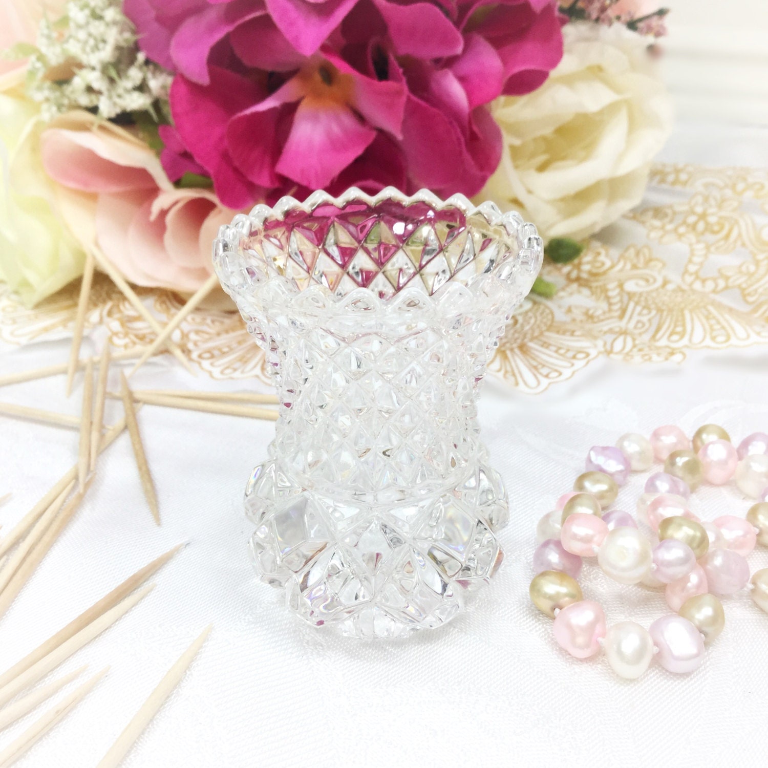 Vintage Crystal Toothpick Holder, Crystal Bud Vase, Diamond Cut Glass A706