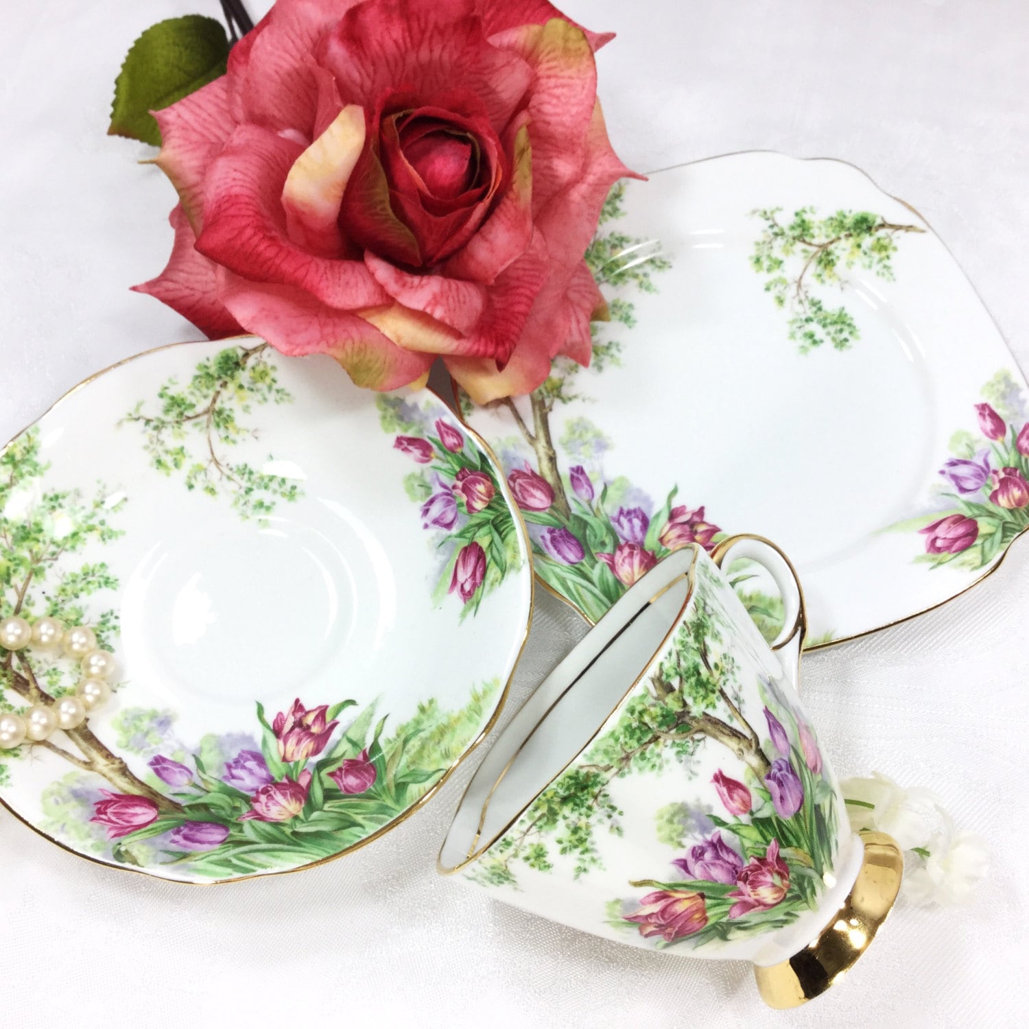 Windsor Bone China Tulip English Tea Trio, Tulip Teaset, English Bone