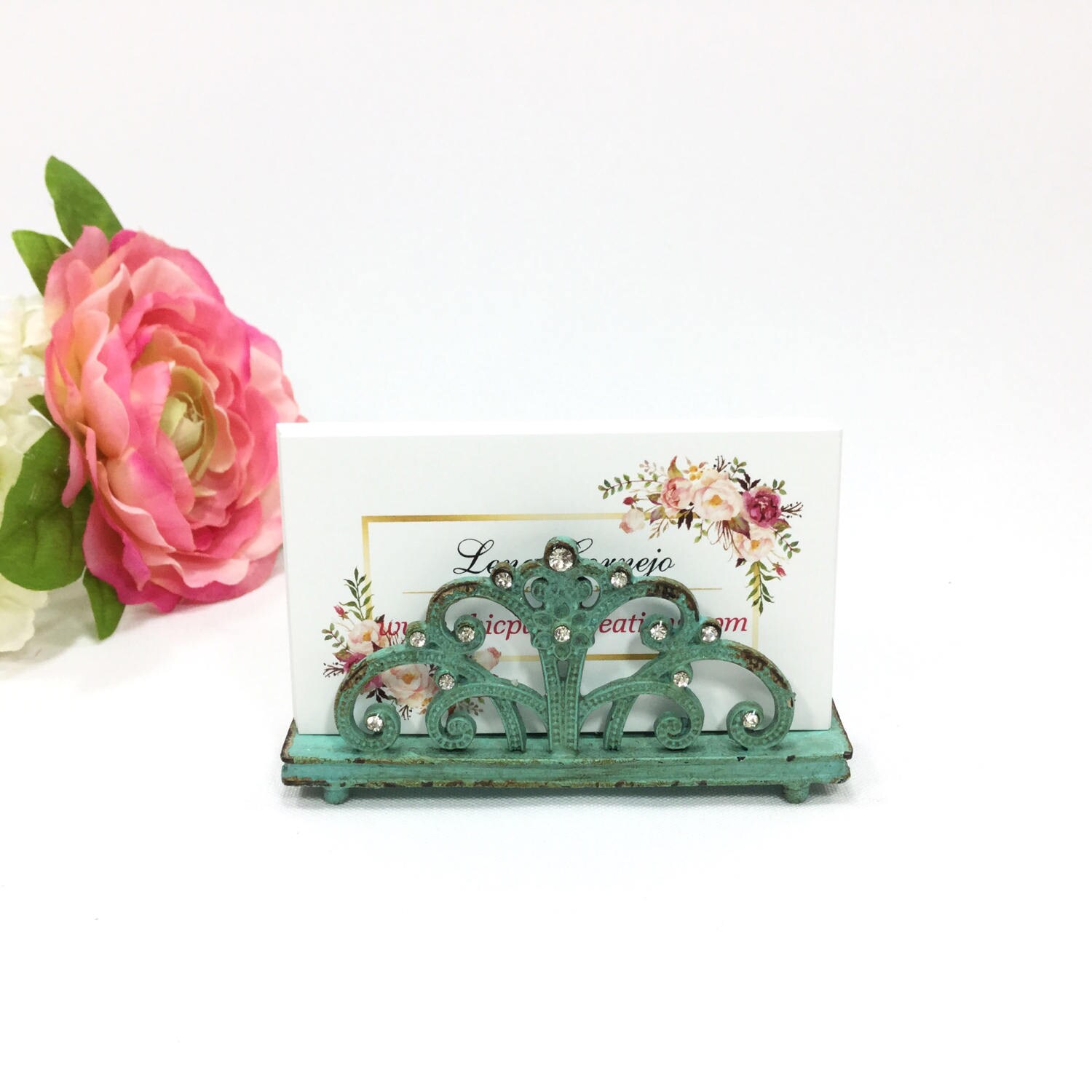 Antique Sea Green Card Holder W/ Scroll & Flower Design, Vintage