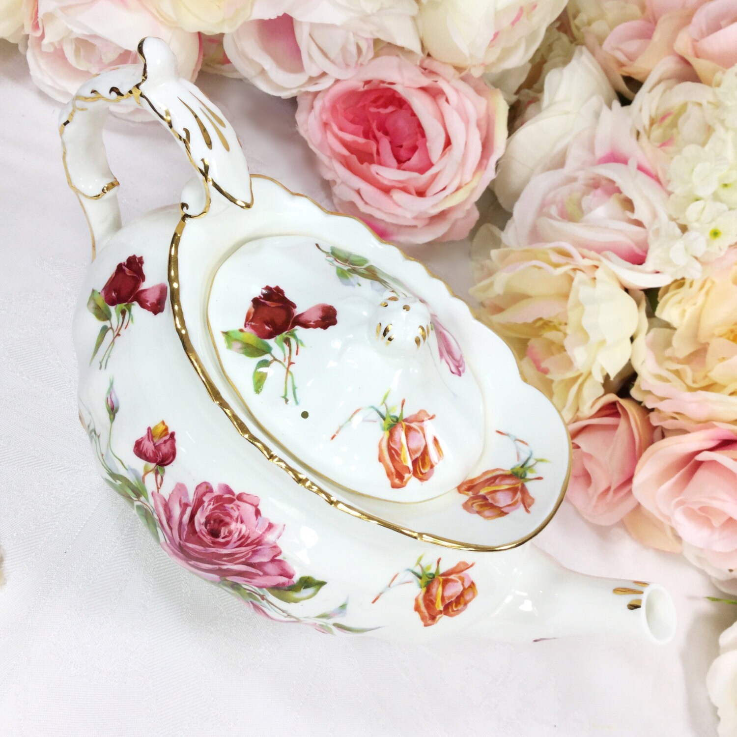 Hammersley Rose Floral Gilt Teapot, English Rose Teapot