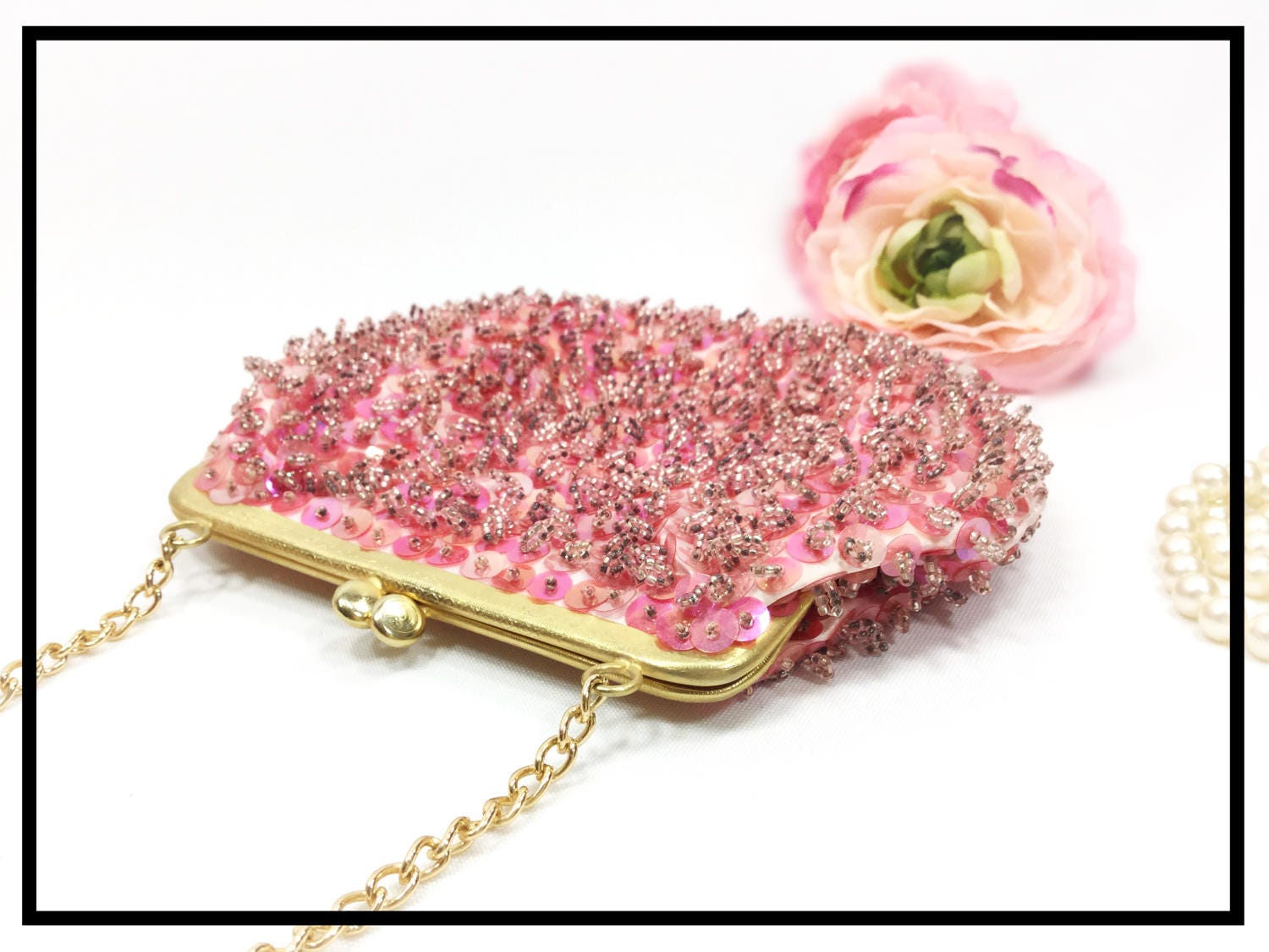 Vintage Pink Sequence Beaded Evening Bag, Pink Beaded Hand Bag, Pink