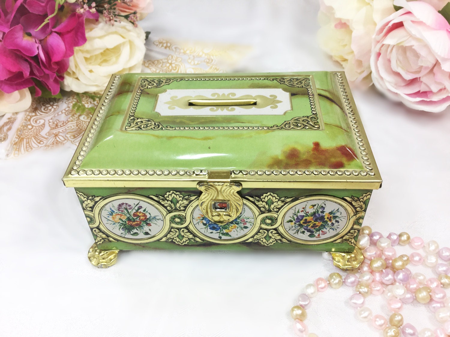 German Tin Floral Trinket Box, German Green Jewlery Box, Ring Box