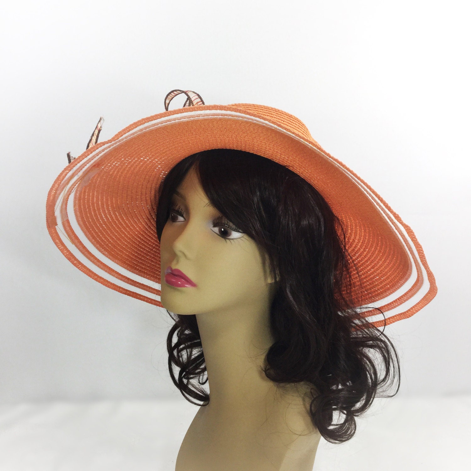 Chic Ladies Orange Ribbon Tea Party Hat, Summer Hat, Dress Up Hat