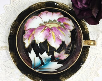 Purple Floral Black Royal Sealy China Tea Cup & Saucer, Tea Set 4 Tea Party, Wedding Shower, Tea Time, Bridal, Tea Party, Gift  #953