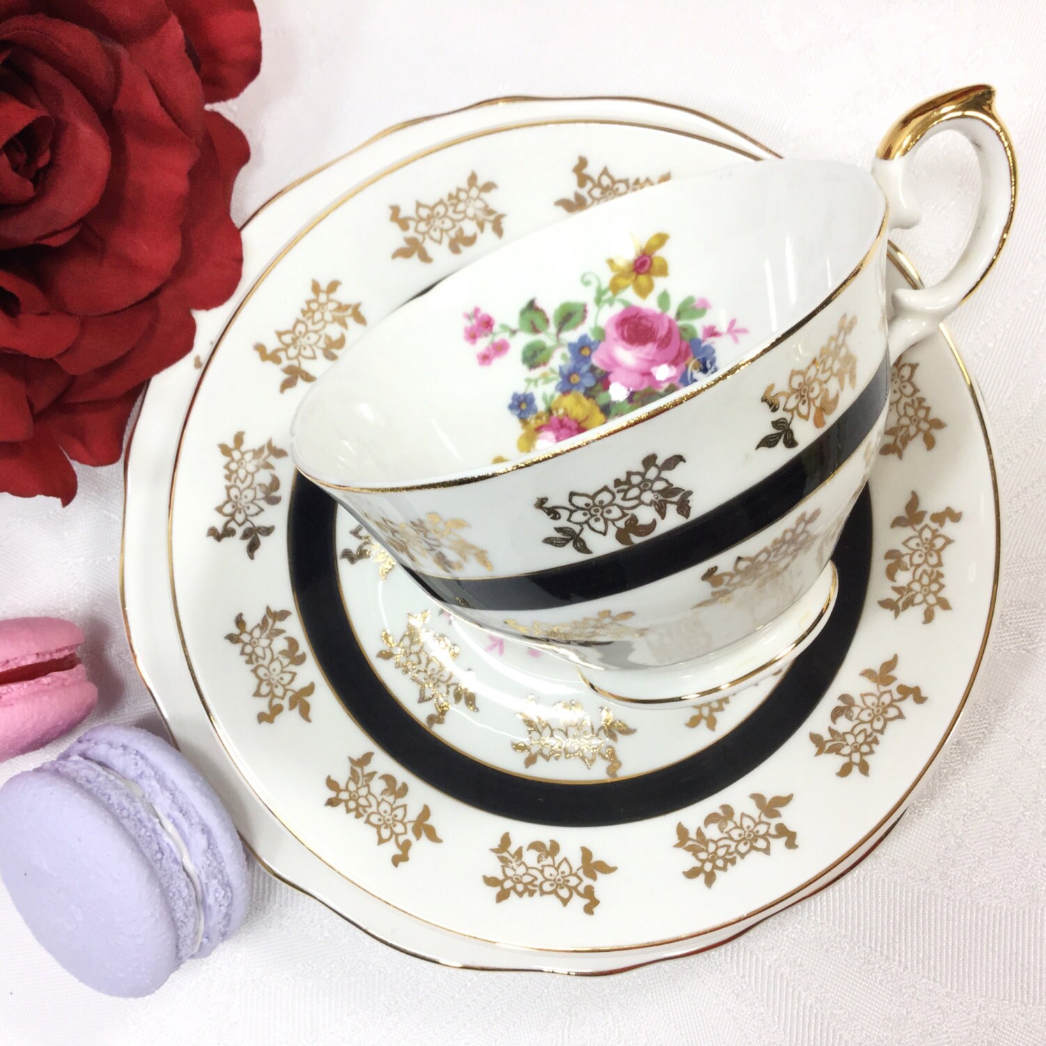 Black Band Gold Chintz English Tea Trio, Bone China English Tea Cup, Saucer, Plate For Tea Time