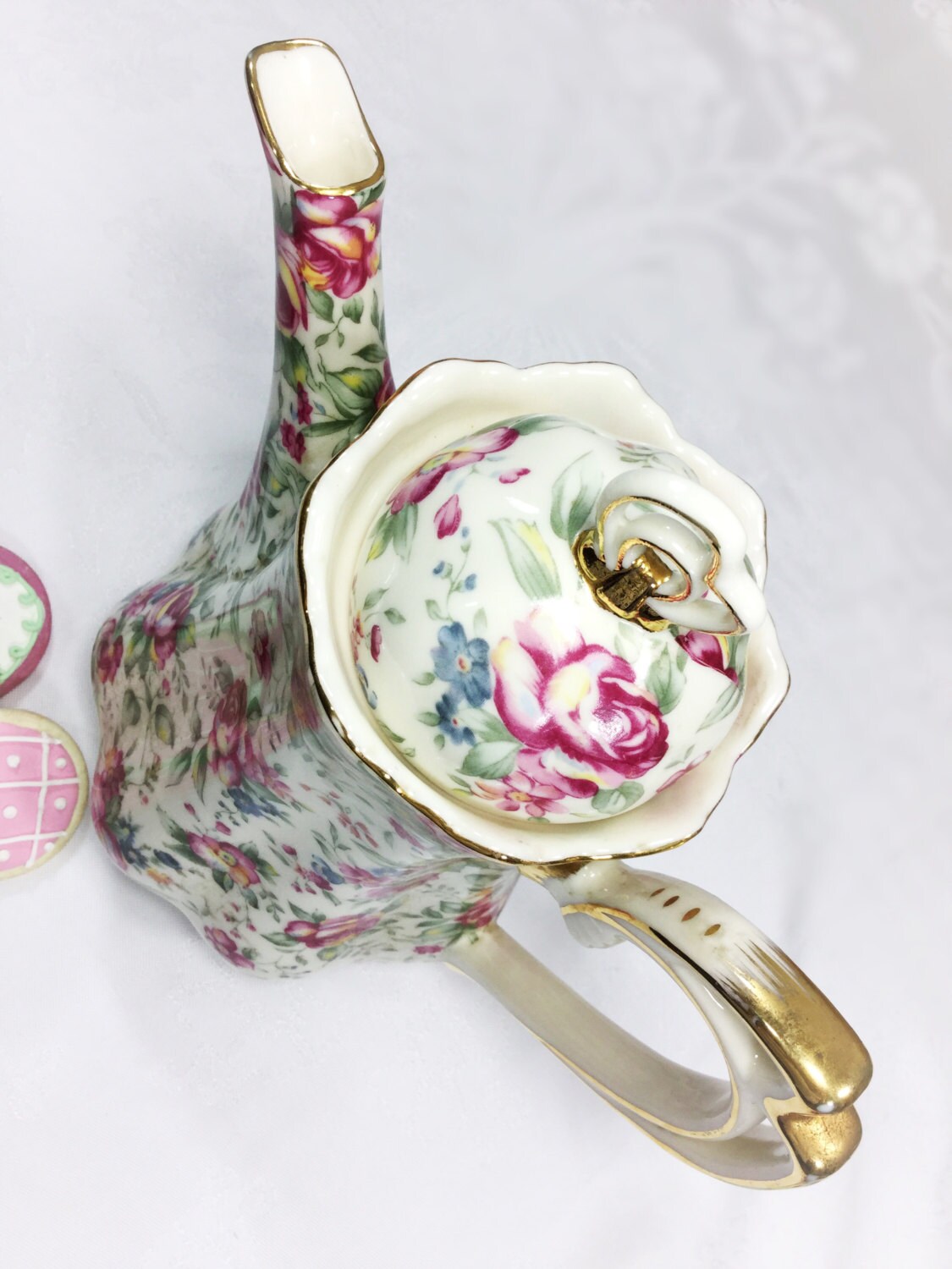 Dainty Pink Rose Floral Chintz Teapot, Chintz Coffee Pot, Shabby Chic