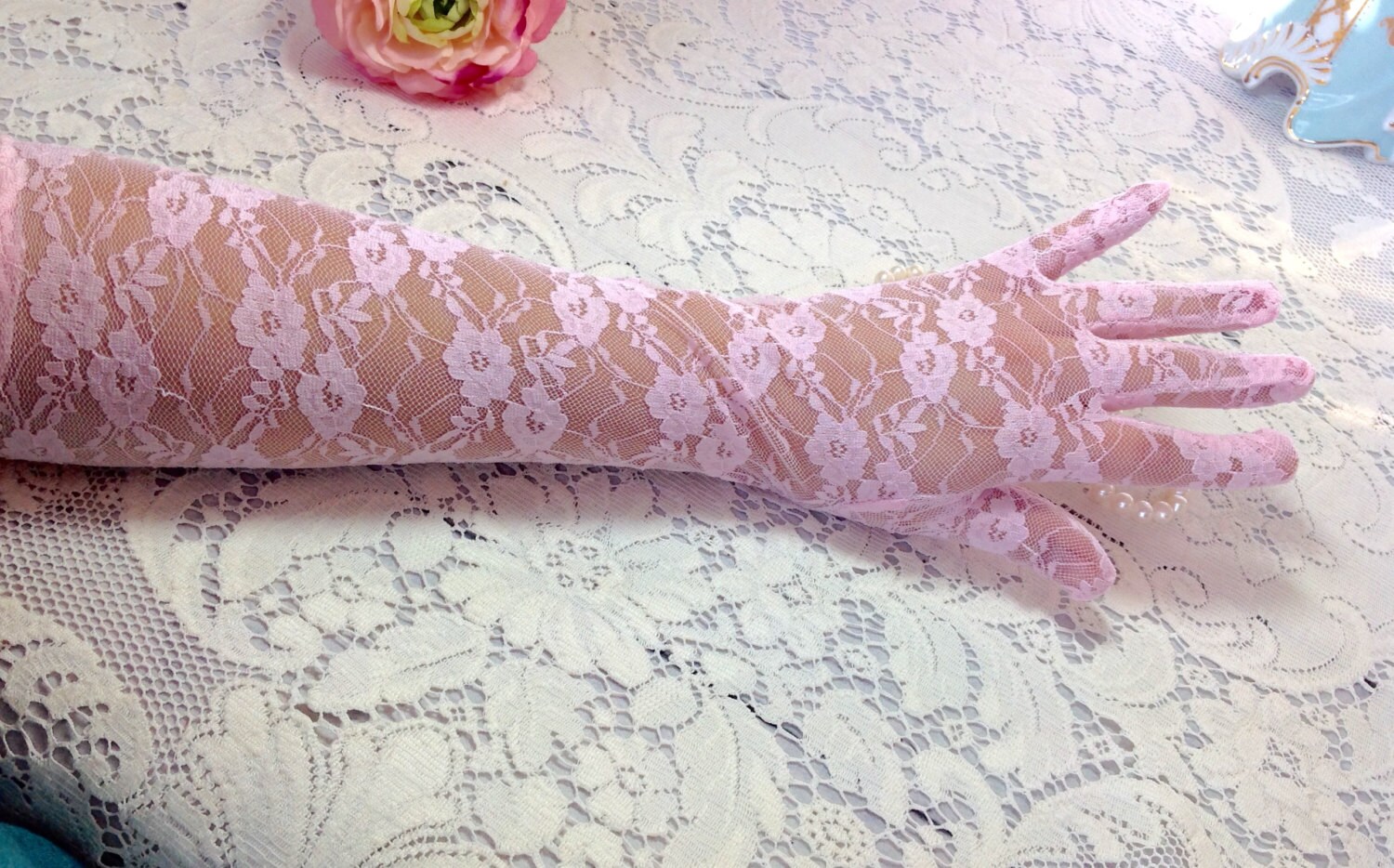 ELBOW Length Ladies Pink Lace Gloves Perfect for Wedding, Tea Party