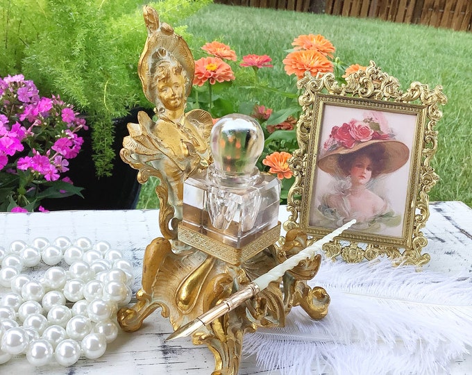 Victorian Lady Brass Inkwell with Pen Holder, Antique Baroque Desk Set #B657
