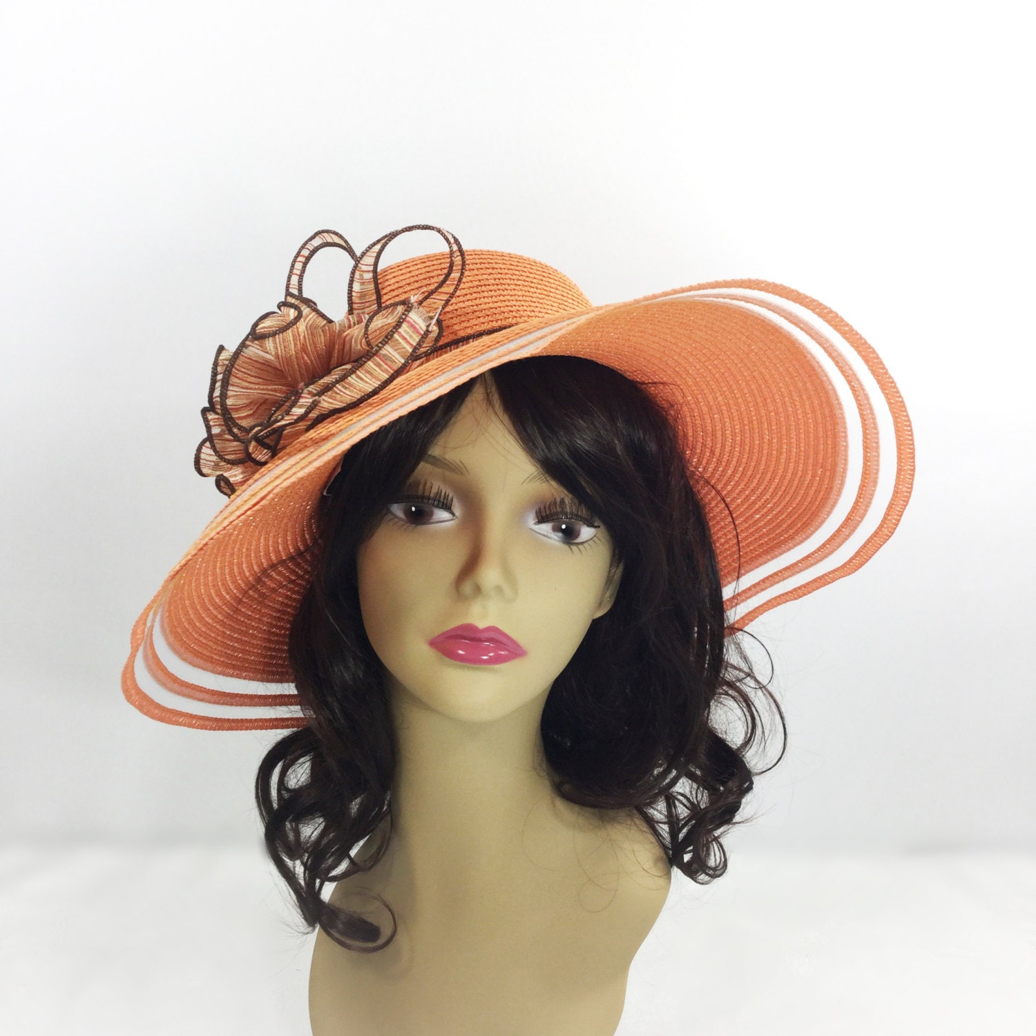 Chic Ladies Orange Ribbon Tea Party Hat, Summer Hat, Dress Up Hat, Headpiece For Weddings, Dress