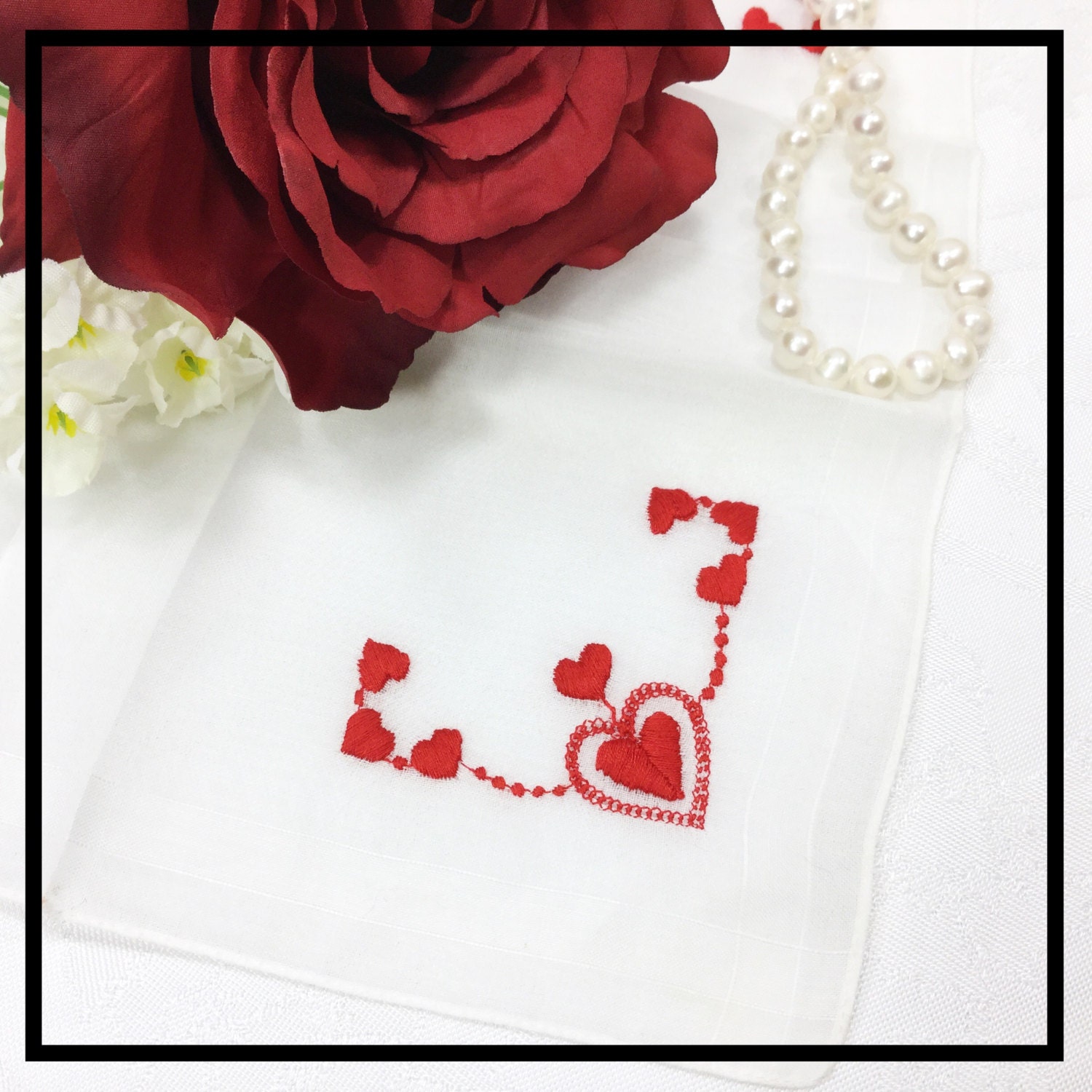 Valentine Hearts Embroidered Ladies Cotton Handkerchief, Victorian Boudoir, Hanky, Shabby Chic
