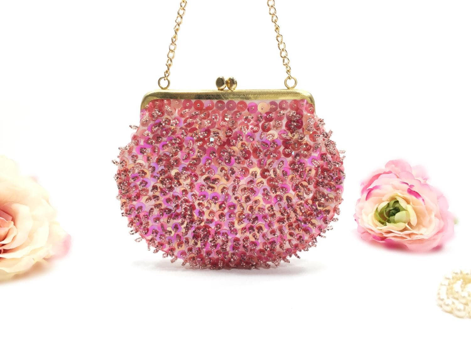 Vintage Pink Sequence Beaded Evening Bag, Pink Beaded Hand Bag, Pink ...