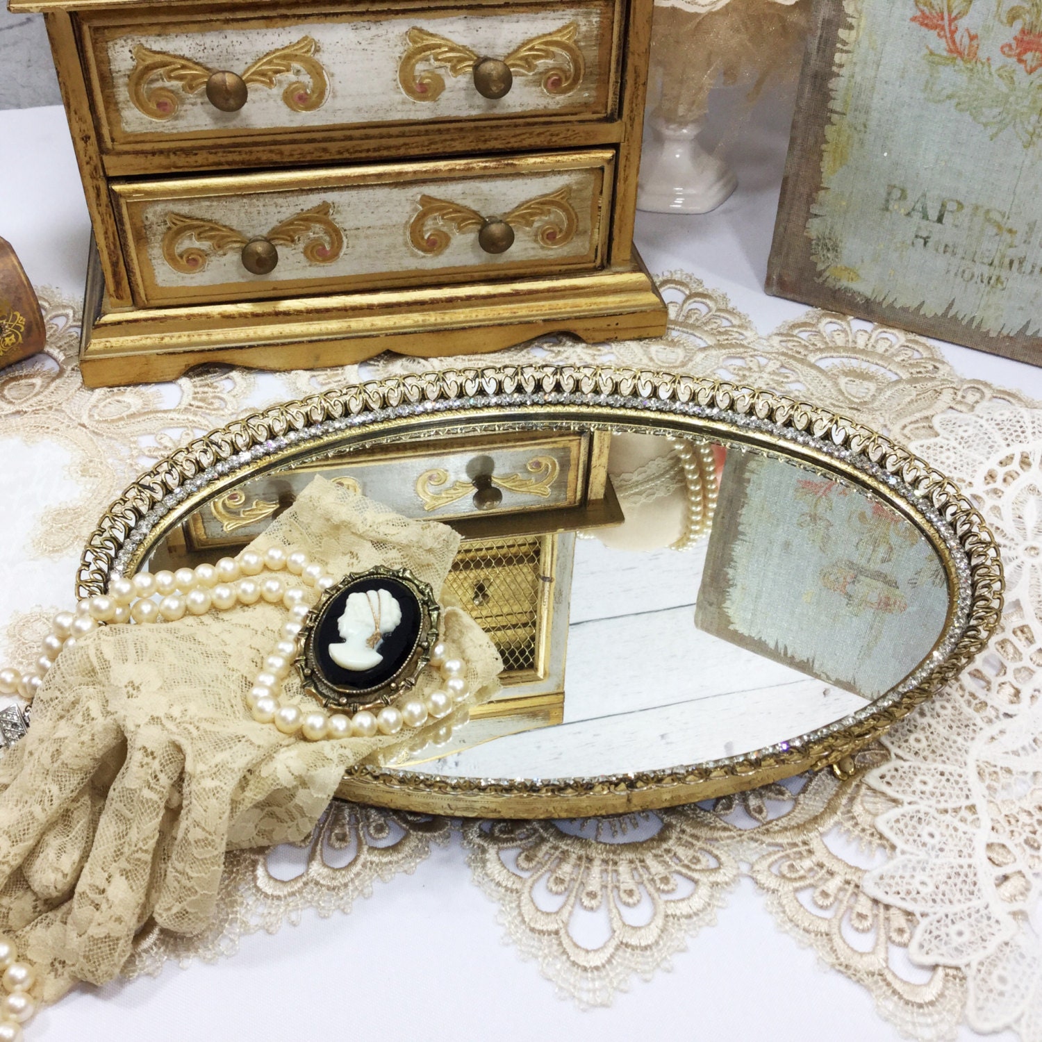 Vintage Rhinestone Gold Filigree Vanity Mirror Tray Dresser