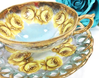 Lusterware Footed Cup & Reticulated Saucer, China Tea Set, for Wedding, Shower, Tea Time, Bridal, Tea Party, Gift #A237