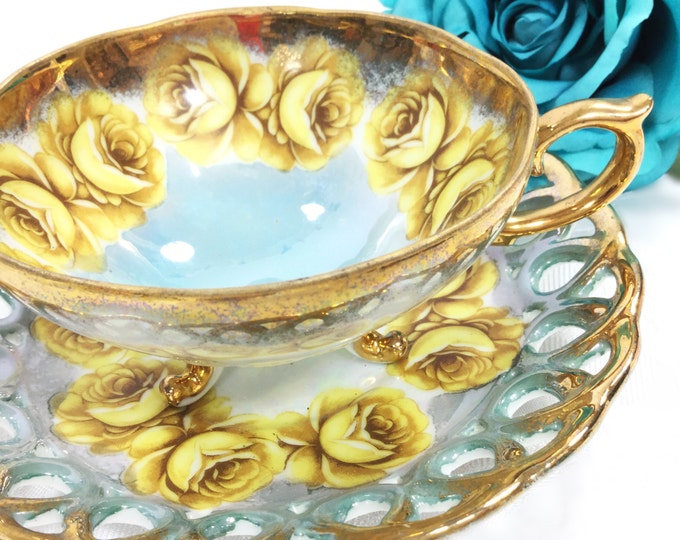 Vintage Lusterware Tea Cup and Reticulated Saucer, Gold Floral China #A237
