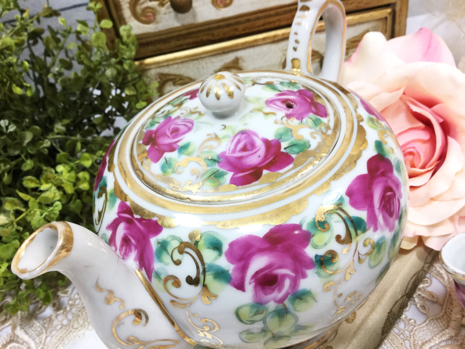 3 Piece Pink Floral English Teapot Set, Teapot, Creamer & Covered Sugar