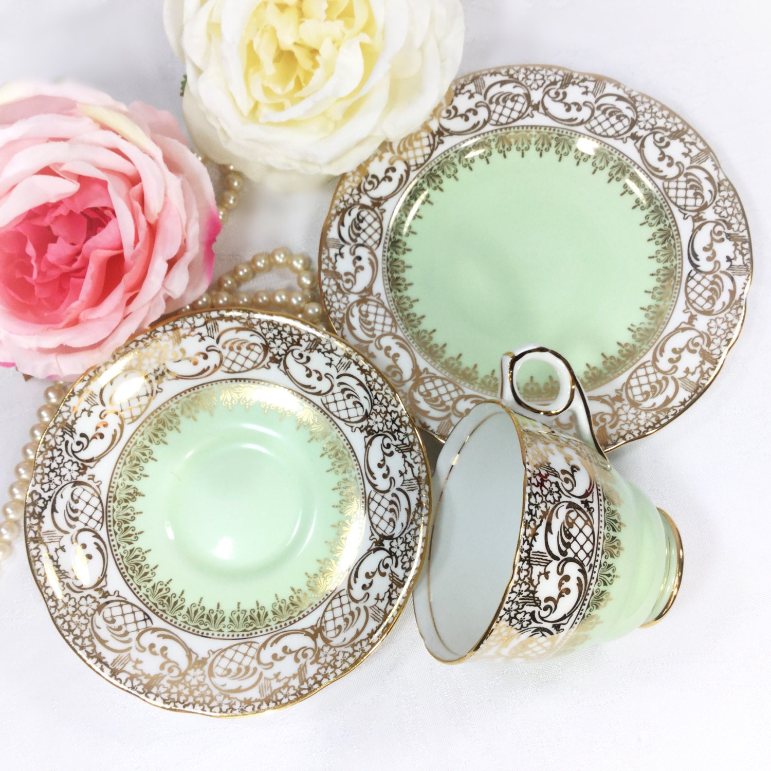 Mint Green Royal Stafford English Tea Trio, Gold Lace Bone China
