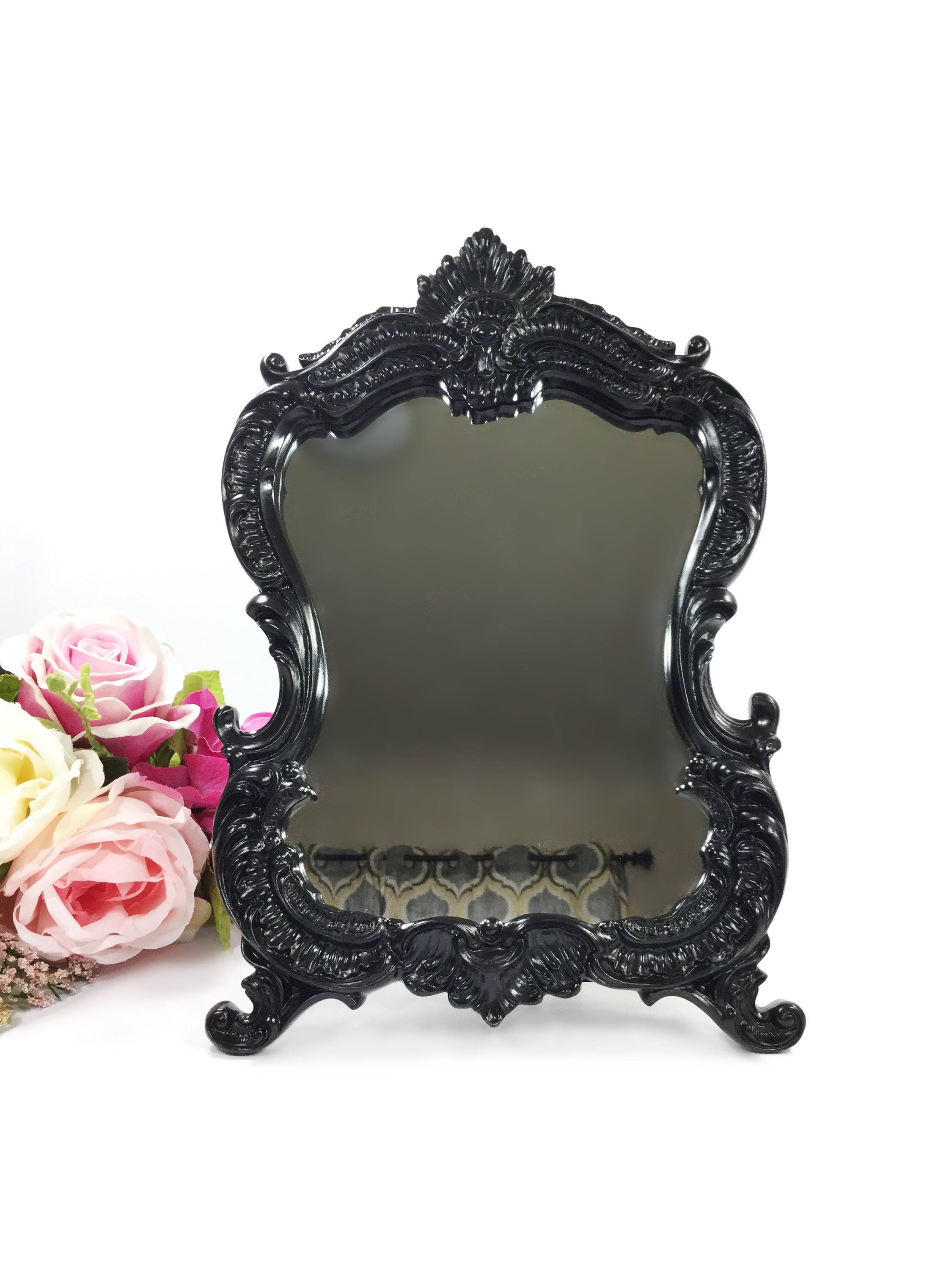 Black French Rocco Stlye Table Top Mirror, Display Mirror, Cottage Chic A947