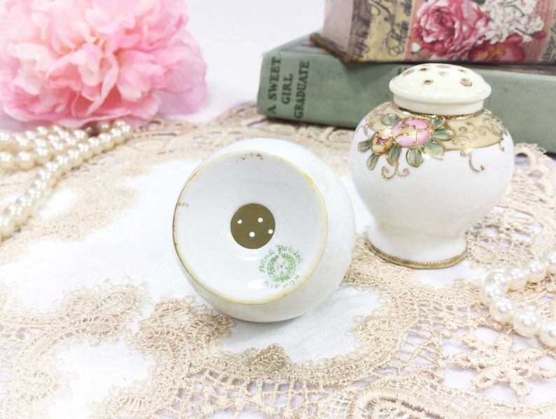 Romantic Setting #B386 Antique Japan Nippon Moriage Salt Pepper Shakers Gold Gilt Formal Silver Salt and Pepper Shaker Formal Dinner