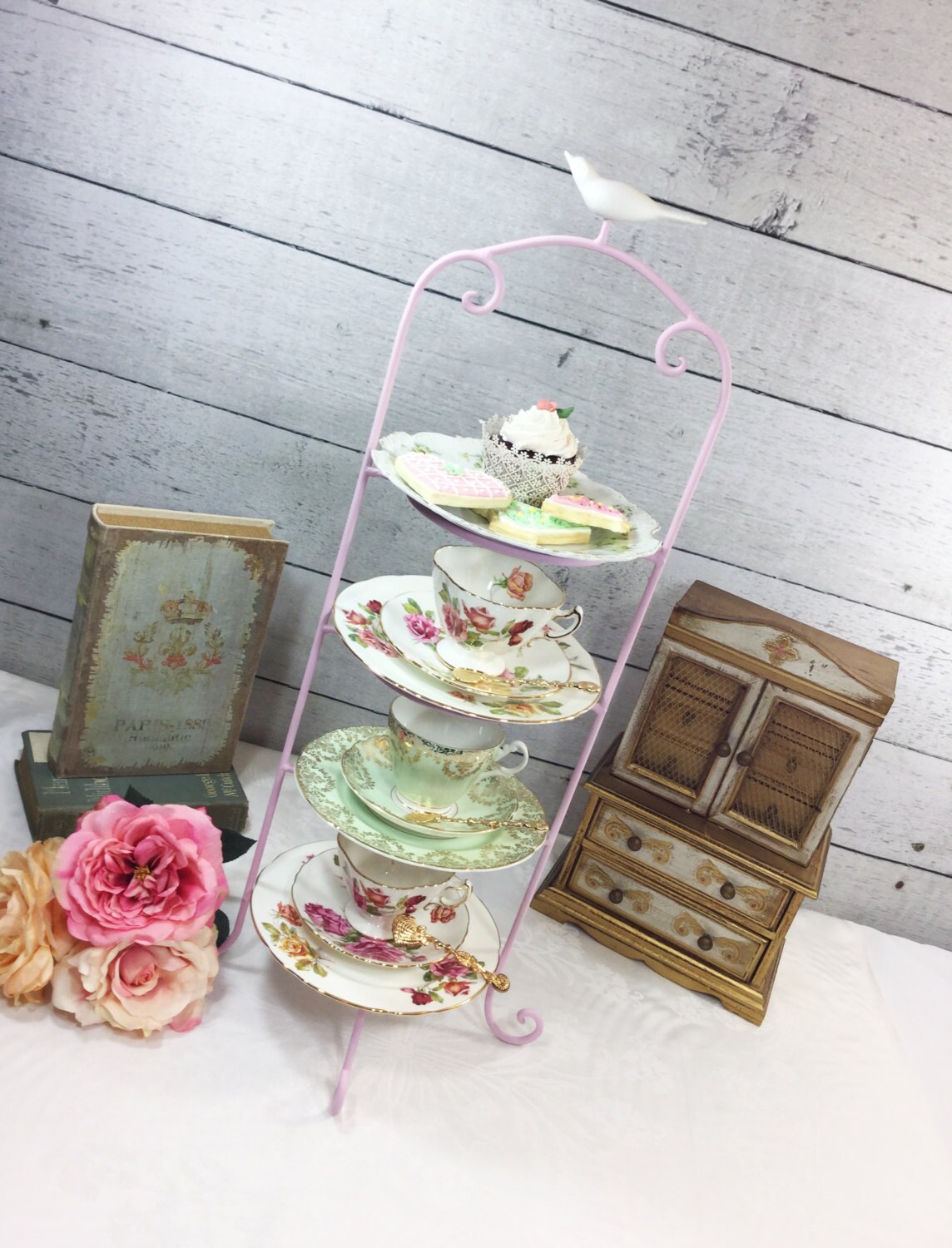 SALE Bird Pink Large 4 Tier Metal Tea Cup Display Stand, Teacup