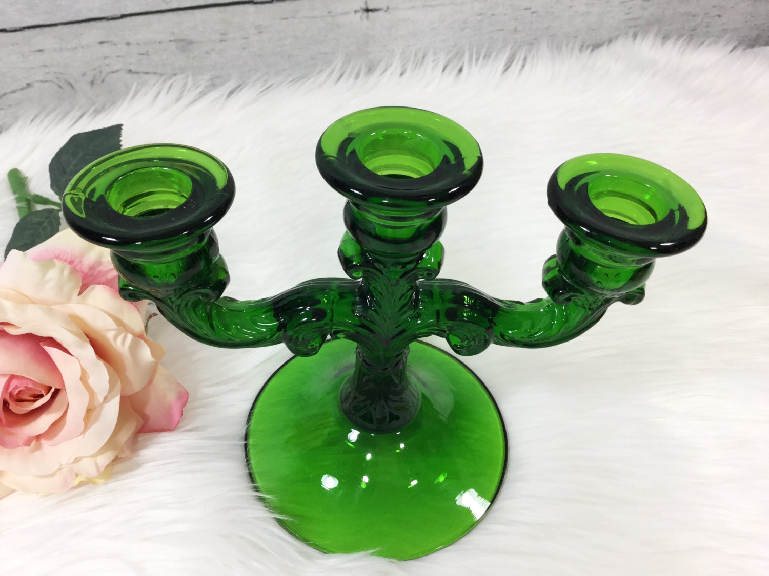 Stunning Cambridge Hunter Green Glass Triple Arm Candelabra, 3 Arm