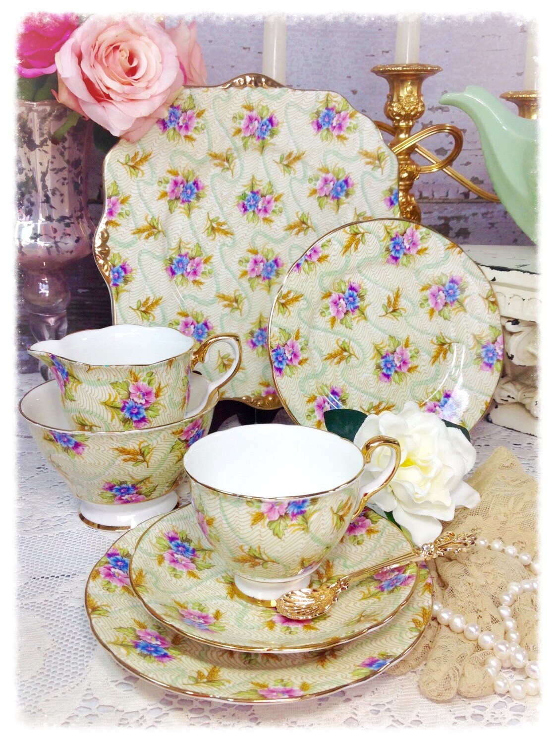 21 Piece Royal Stafford Elizabeth Green Floral Fine Bone China English