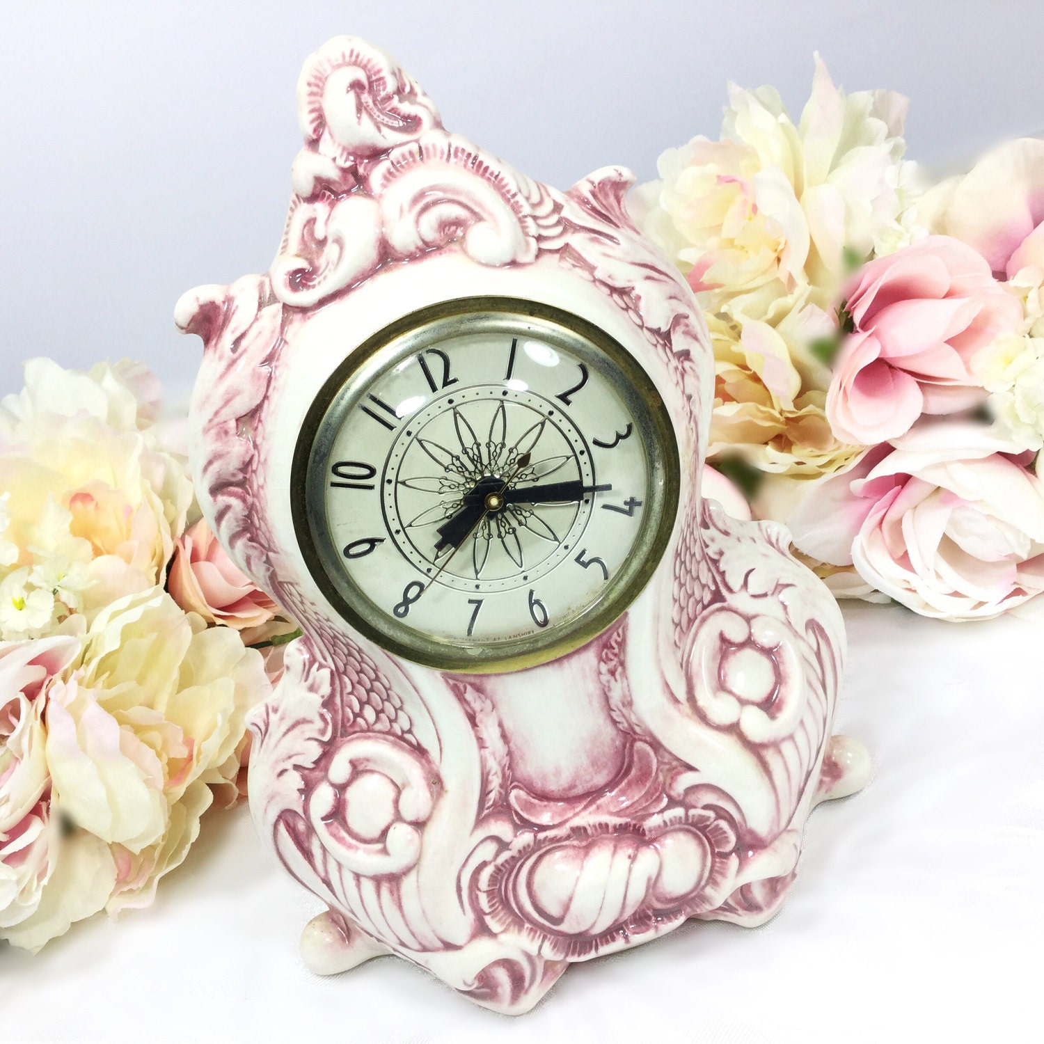 Vintage Lanshire Movement Porcelain Mantle Clock, Mauve Electric Mantle