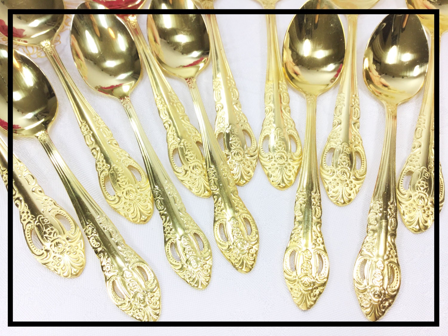 Set of 12 24K Gold Plated Spoons, 5 Gold Teaspoons, 7 Table Spoons