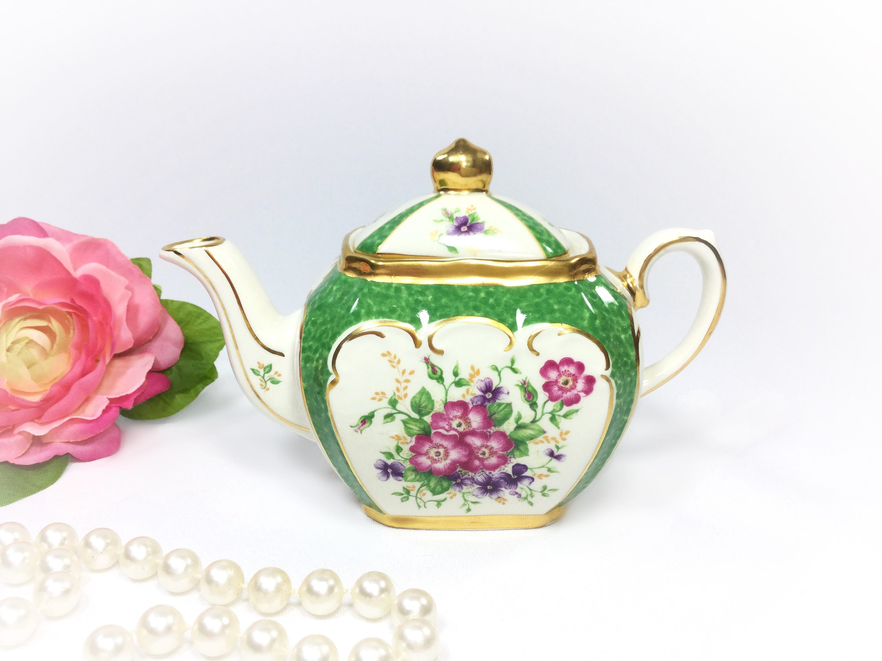 Green Cubed Sadler Heritage Teapot, Evesham 4736, Sadler English Floral