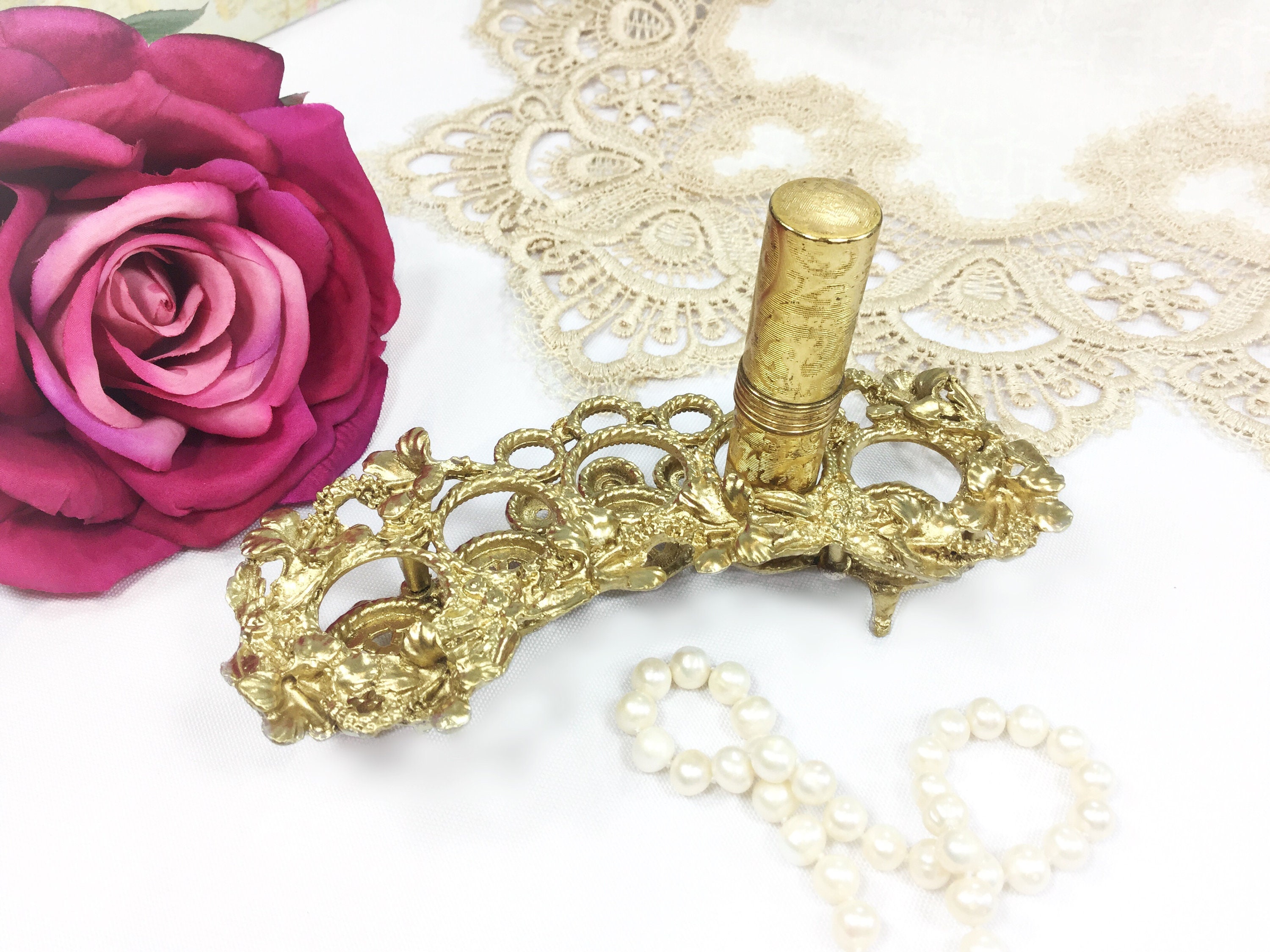 Gold Ormolu Lipstick Holder, Gold Ormolu Lipstick Organizer, Gold Brush