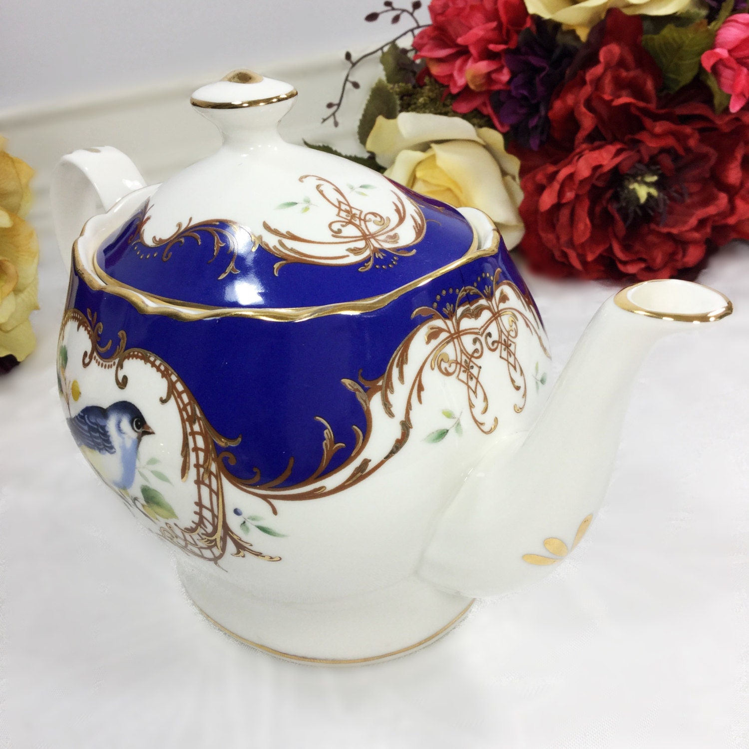 Birds Royal Blue Porcelain Teapot for Tea Set, Tea Party, Wedding. Grace's Teaware Porcelain