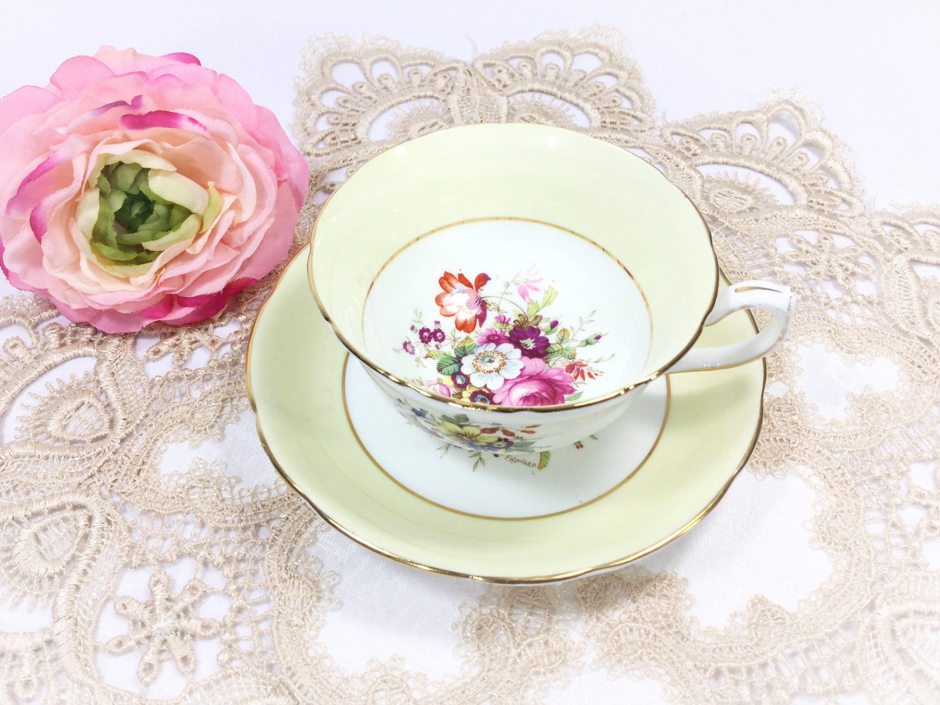 Hammersley Yellow Floral Tea Cup & Saucer, English Fine Bone China Tea