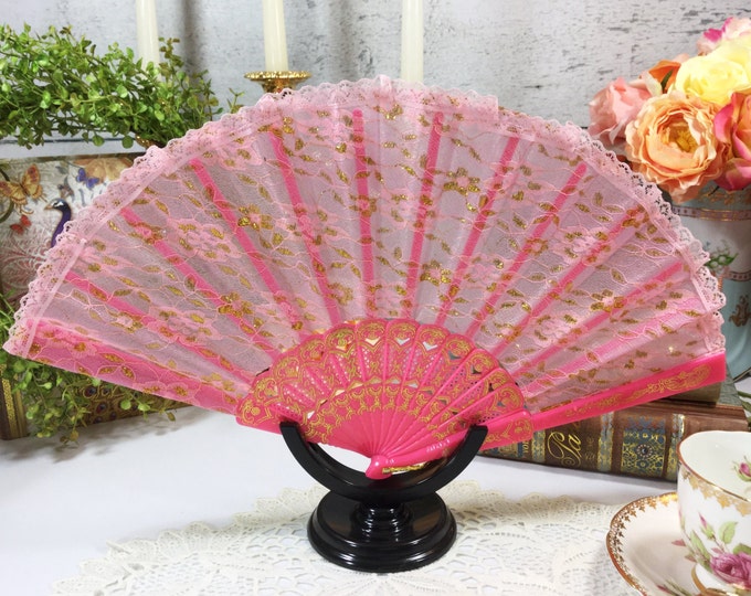 Pink Lace Folding Hand Fan, Gold Accents, Spanish Style Accessory