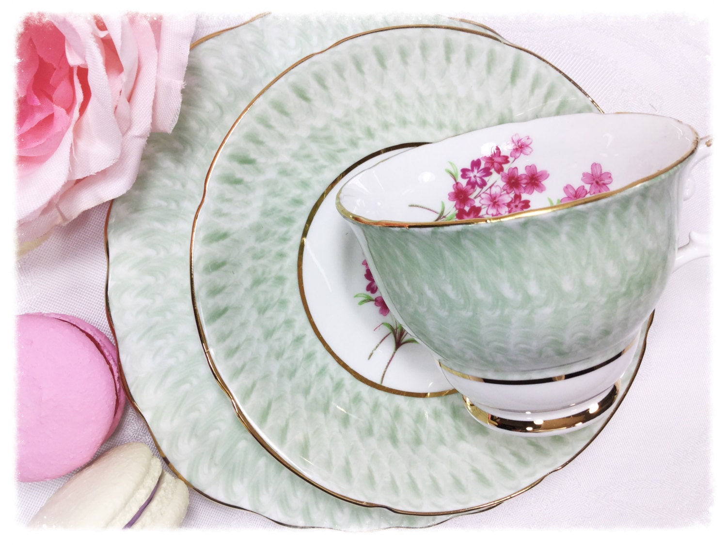 Dakin Pink Floral Bone China English Tea Trio, Bone China English Tea
