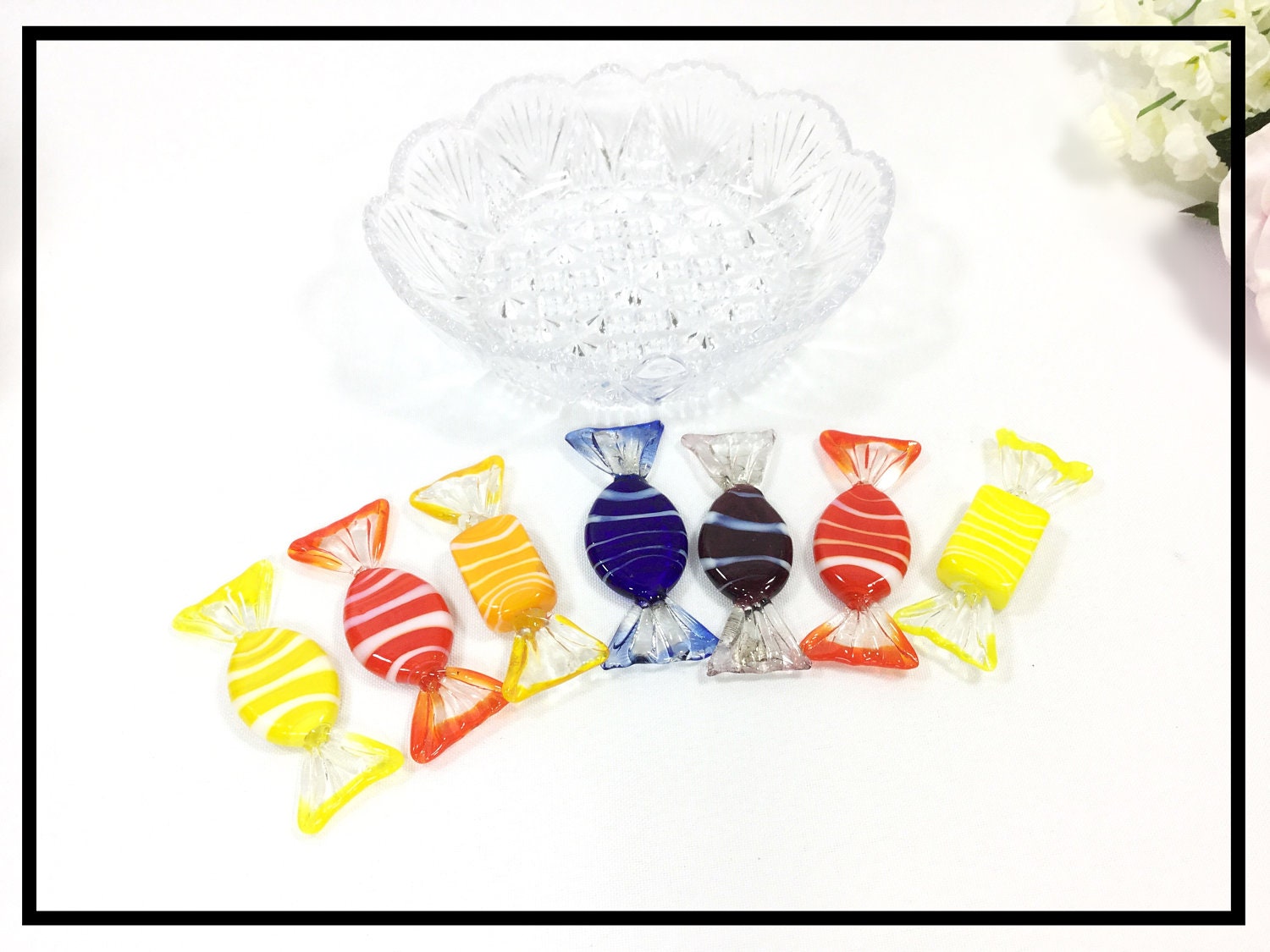 7 Vintage Assorted Hand Blown Glass Candies W/ Clear Bowl, Handmade