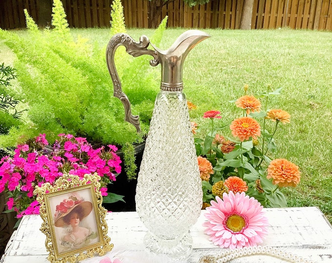 Footed Italian Wine Decanter, Italian Wine Carafe, Diamond Cut Jug, Vintage Liquor Decanter #B722