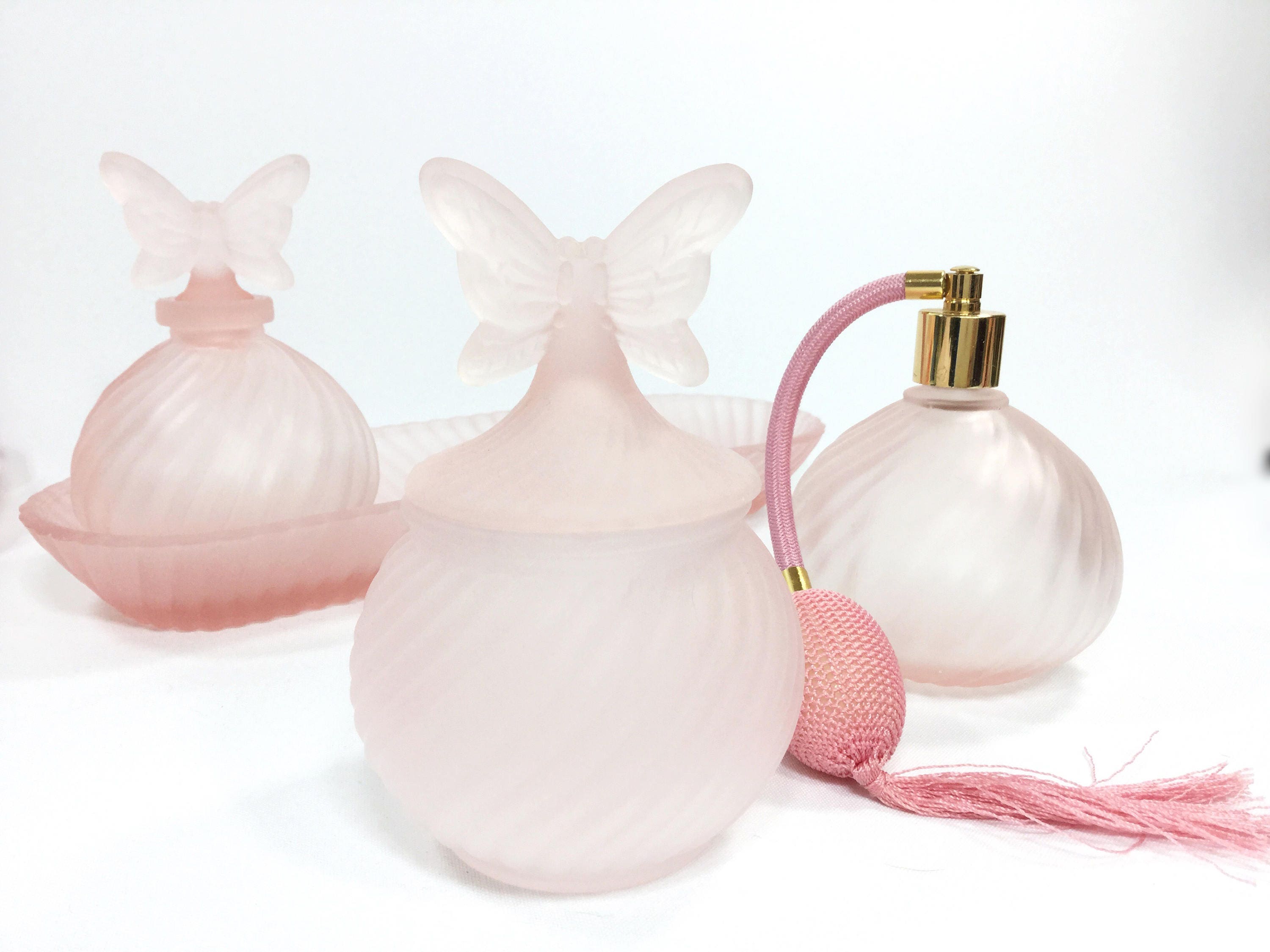 Matching Set of Vintage Pink Glass Powder Pot and Perfume 
