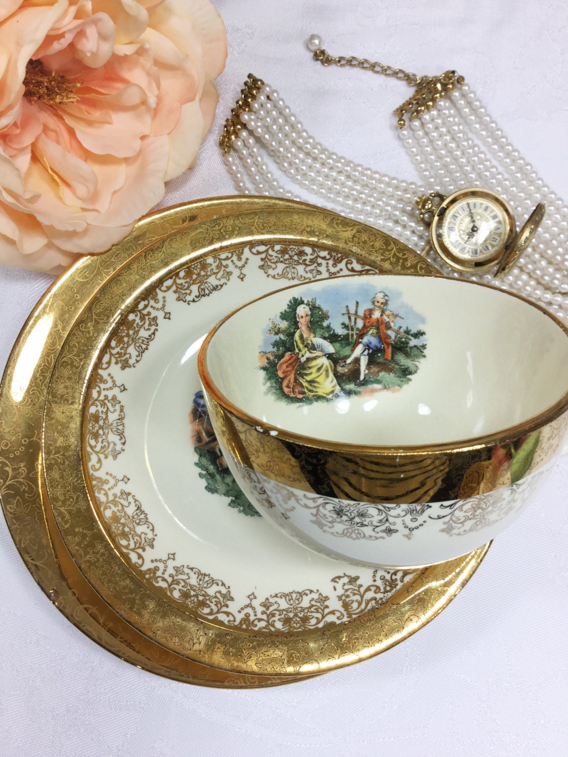 Gold Colonial Victorian Couple Handpainted Warranted 22Kt. 3 Pc.T ea