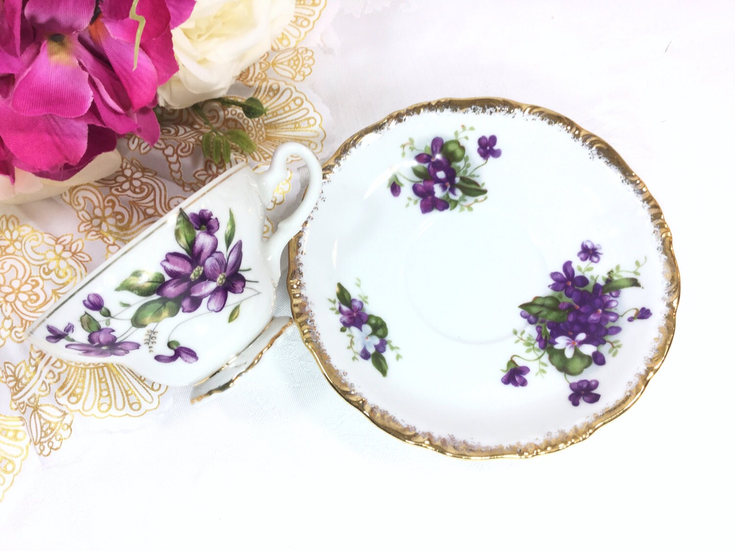 Purple Lilac Porcelain Tea Cup & Saucer Tea Set, Purple Violet Sprays