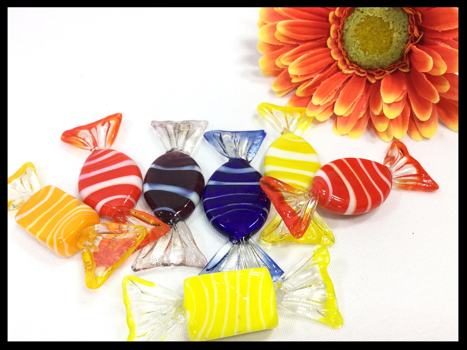 7 Vintage Assorted Hand Blown Glass Candies W/ Clear Bowl, Handmade