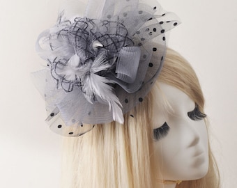 Grey & Black Fascinator Hair Clip Pillbox Tea Hat Sinamay Headpiece W/ White Feathers # 530
