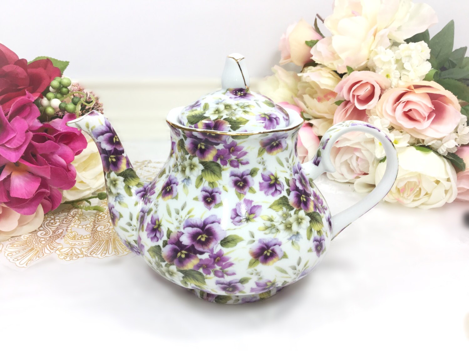 Purple Pansy Teapot, Purple Floral Porcelain Teapot for Tea Set, Tea