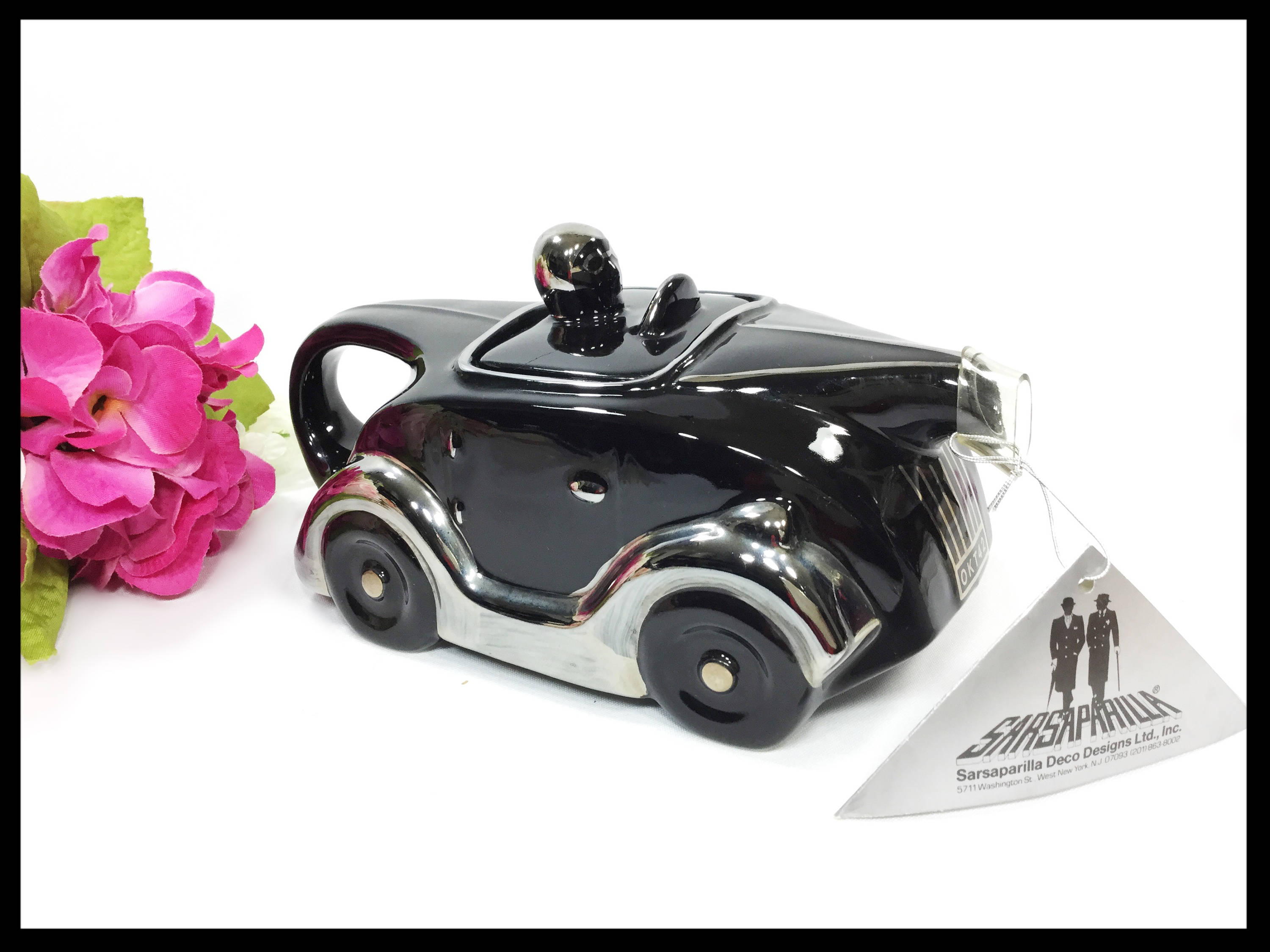 Black Racing Car Teapot, Art Deco Car Teapot, Collectible Sarsaparilla