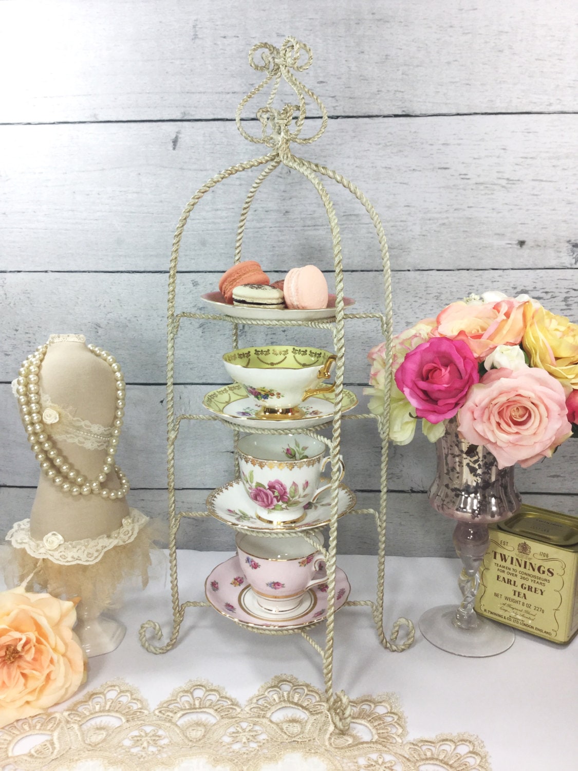 4 Tier Twisted Metal Shabby Chic Tea Cup and Saucer Display Stand