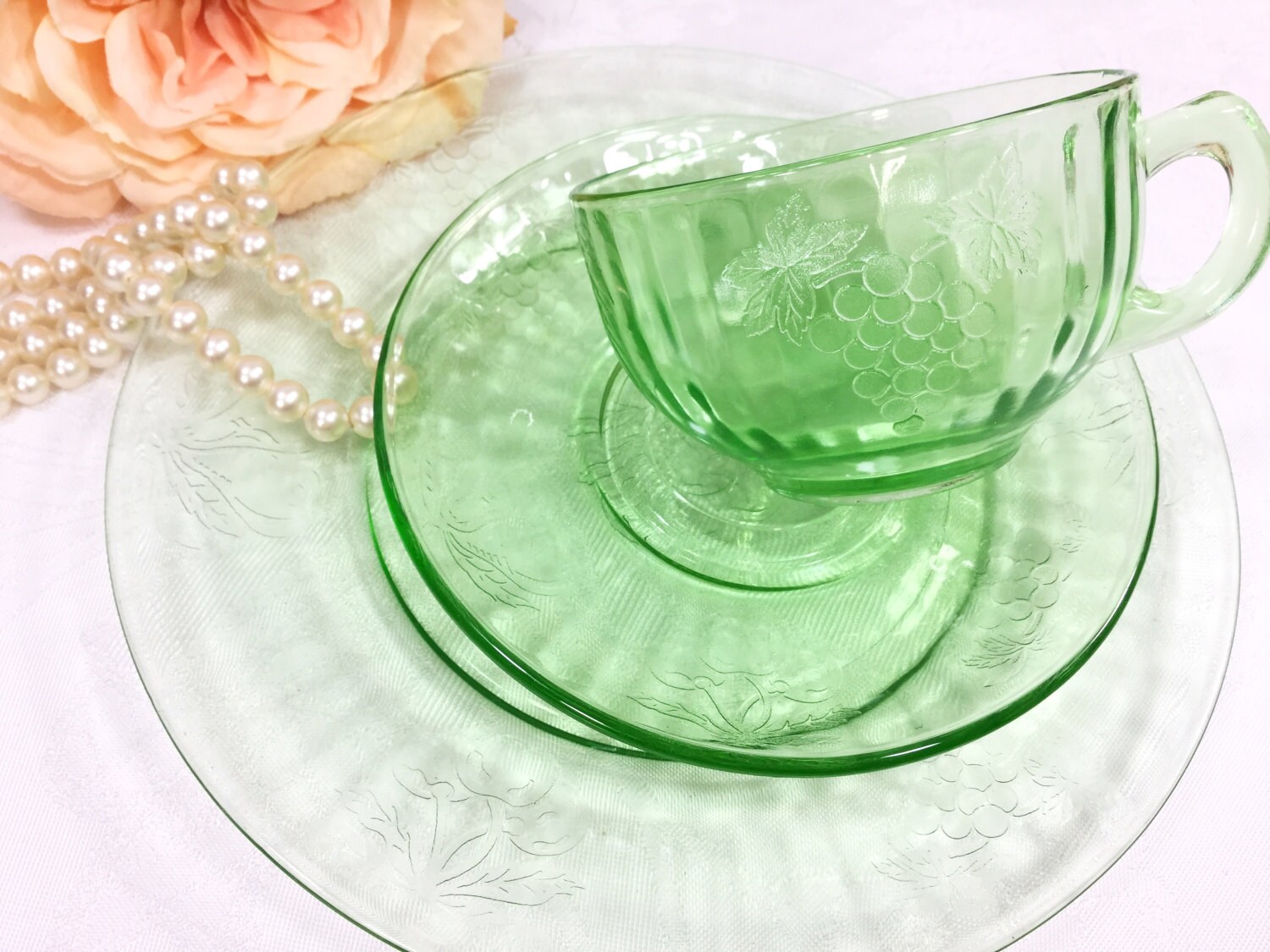 4 Sets Green Depression Glass Trios, Green Depression Glass Teaset